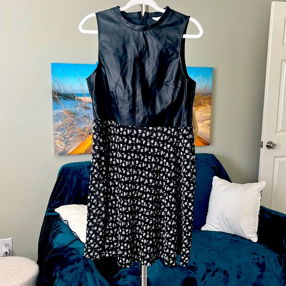 Faux-leather Flowered Mid-drift Dress